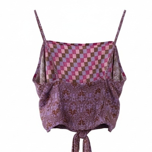 Women Crop Tank Top Checkered Paisley Handkerchief Hem Rayon Boho XL - Picture 6 of 6